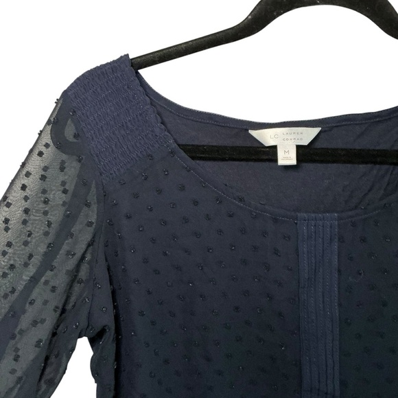 Lauren Conrad Navy Swiss Dot Long Sleeve Blouse Sheer Sleeve Feminine Chic - Picture 2 of 4